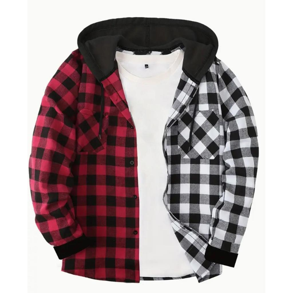 Men's Color Blocking Striped Plaid Casual Loose Button Lapel Long Sleeve Hooded Cardigan Shirt Jacket