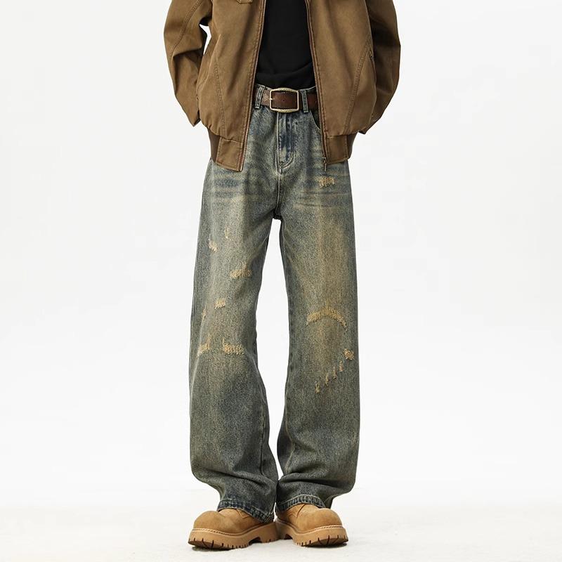 American retro washed ripped jeans men's trendy high street cat beard loose straight casual wide-leg trousers