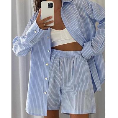 Loung Wear Γυναικεία Ρούχα Σπίτι Ρίγες Μακρυμάνικο πουκάμισο μπλούζες και φαρδύ ψηλόμεσο μίνι σορτς δύο τεμαχίων σετ πιτζάμες
