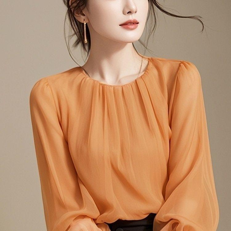 Early Autumn French High-End Super Nice Loose Chiffon Pullover Long Sleeve Shirt Women's Top Blouse