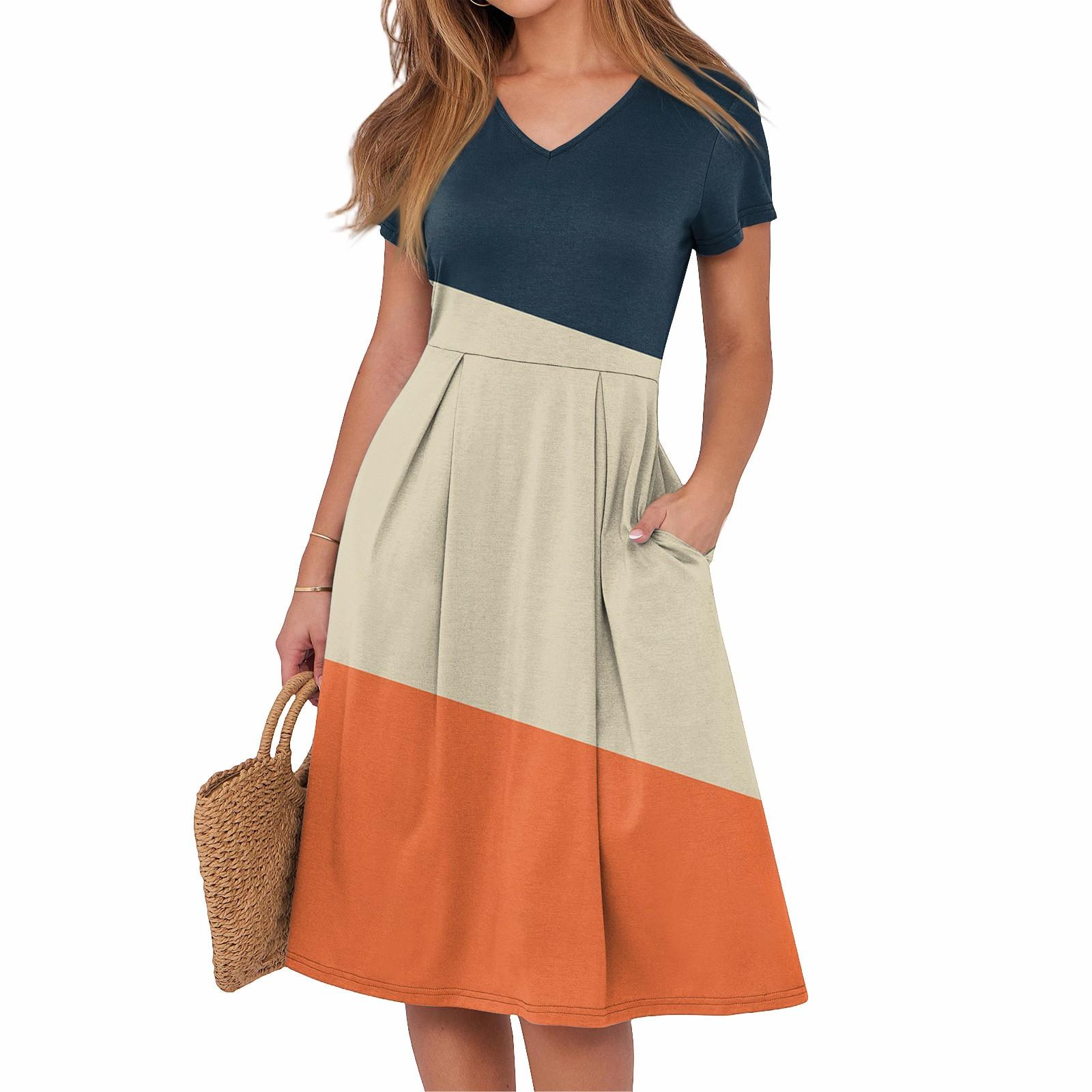 Women s Summer Casual Print V-Neck Short Sleeve Dress With Pockets M бежевый