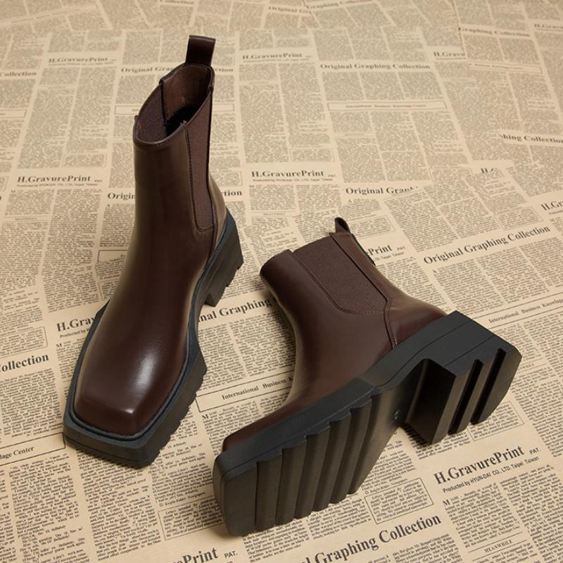 Autumn Winter Vintage Thick Heel Women Knee High Boots Fashion Square Toe Shoes Female Punk Short Booties  De Muje