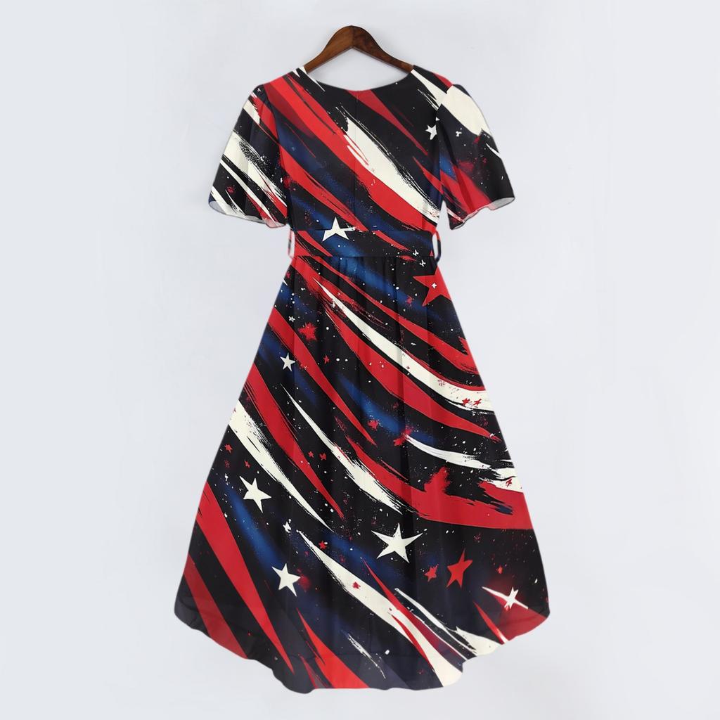 Women's Casual V Neck Short Sleeve Dress with Independence Day Stars and Stripes Print Wrap Style Midi Dress for Summer