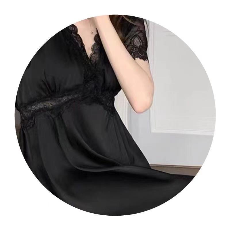 Fairy Lace Ice Silk Maxi Dress with Breast Pads - Sexy Long Sleeve Nightgown for Women, Home & Outdoor Wear