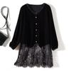 French Style Foreign Trade Order Soft Shirts! Women Eyelash Lace Stitching Fake Two Pieces V-neck Real Velvet Long Coat Autumn and Winter