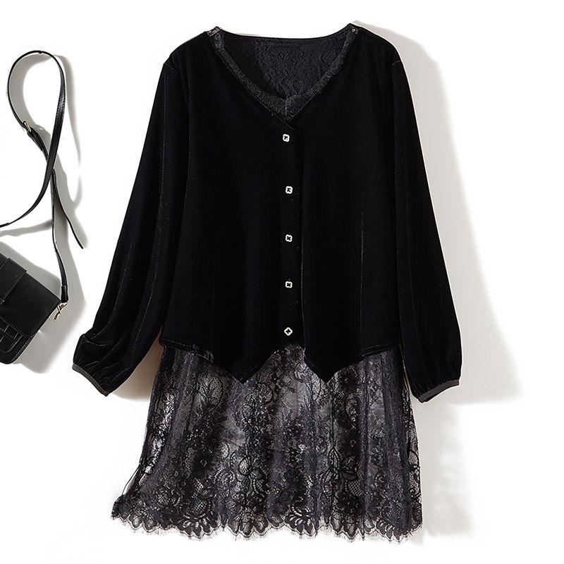 French Style Foreign Trade Order Soft Shirts! Women Eyelash Lace Stitching Fake Two Pieces V-neck Real Velvet Long Coat Autumn and Winter