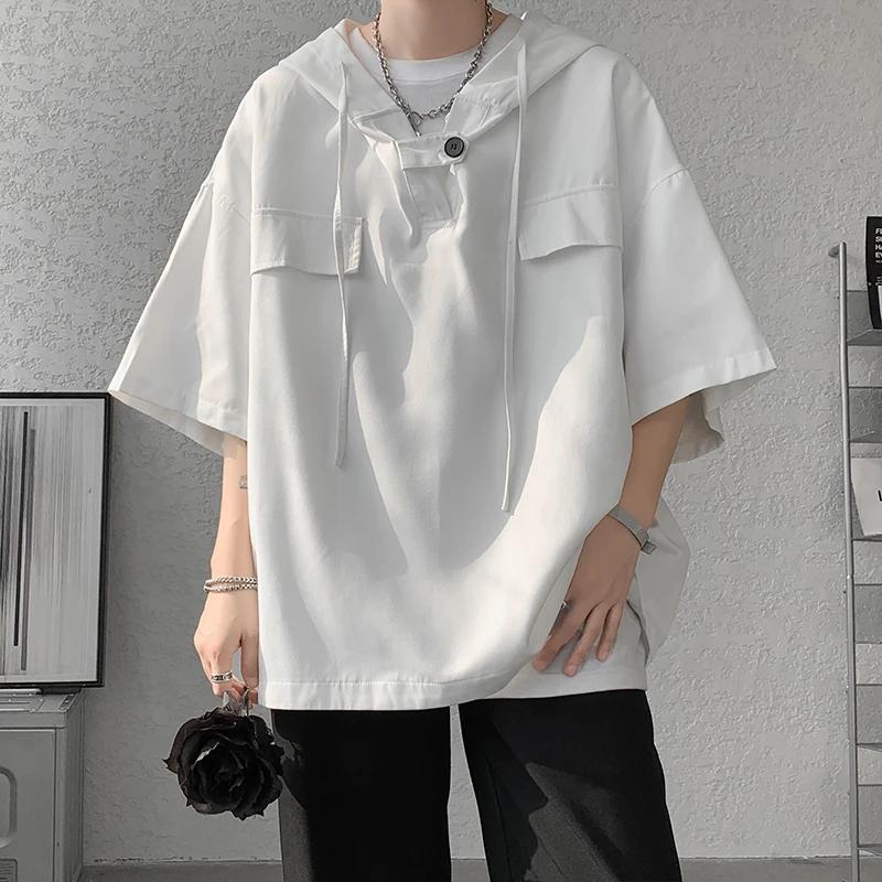2026 Summer Hooded T Shirt Men Korean Half Sleeve Pullover Streetwear Loose T-Shirt Drawstring Tops Tees Men Clothing XXL белый