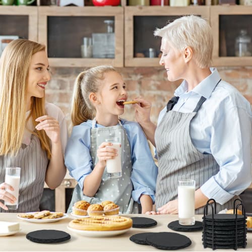 MAPRIAL Slate Coasters with Holders, Set of 12, Round Black Slate Stone DIY Coasters with Scratch-Resistant Backing, Halloween, Christmas, Bar, Kitche