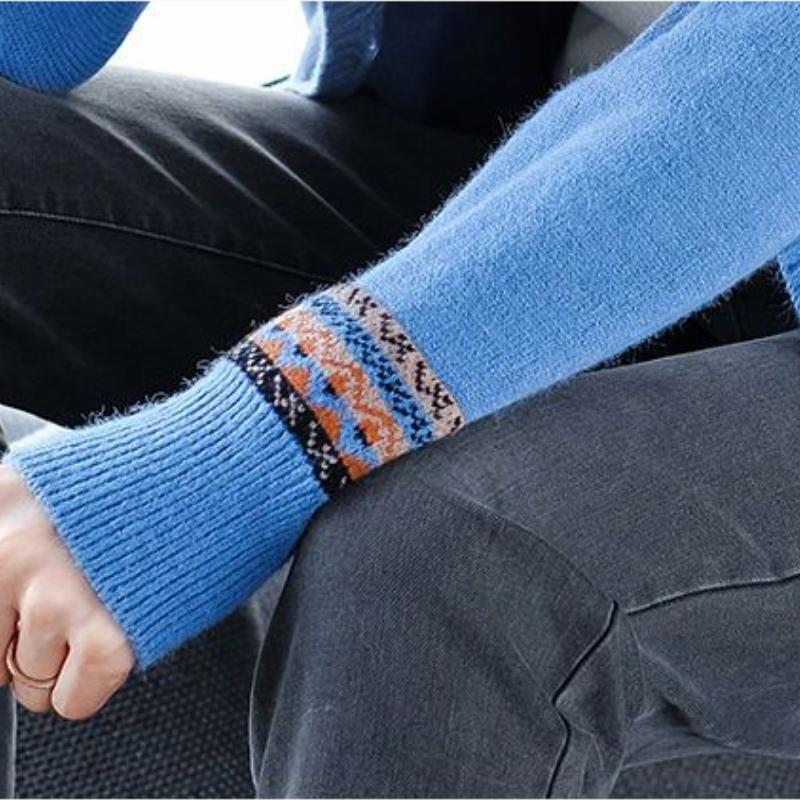 Women's Knitted Sweater Spring and Autumn Models V-neck Colour Blocking Long-sleeved Ethnic Wind Cardigan Jacket Jumper Ladies Tops