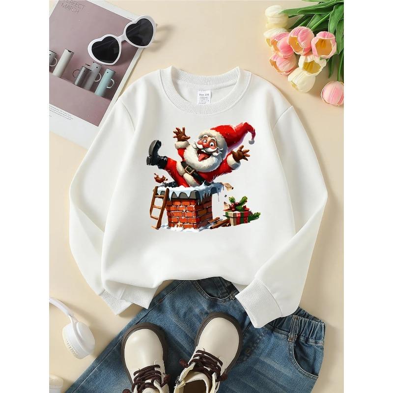 Kids Crewneck Sweatshirt, Santa Claus Chimney Christmas Gift Red Print,Casual Sportswear for Spring & Autumn