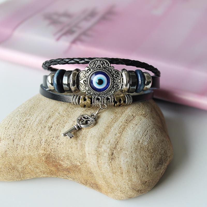 1Pcs Multilayer Vintage Demon Eye Lucky Bangle Punk Jewelry Turkish Blue Evil Eye Flower Leather Rope Bracelets For Women Men