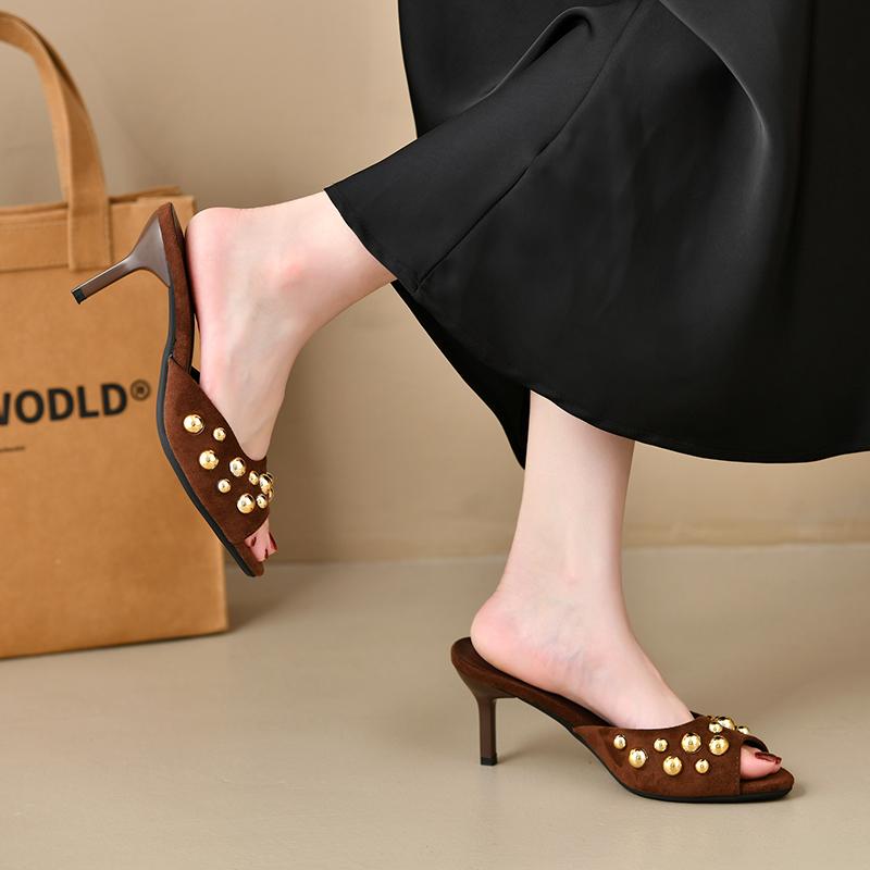 Piggbesatte Peep Toe Mules Stiletto Slip On Gullnitterdekor Klassiske Sexy Kvinners Sommersandaler Kjolefest Daglig Casual Enkelsko