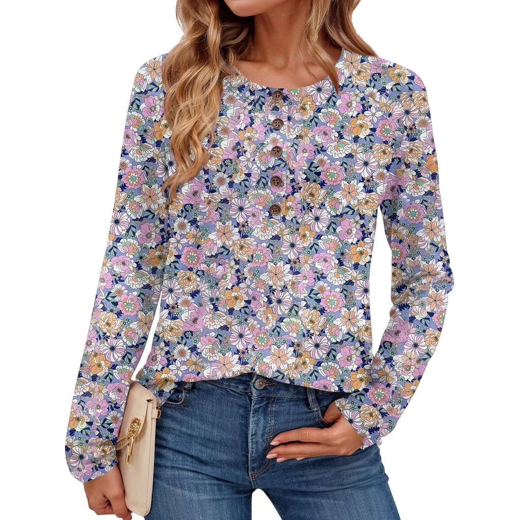 Damen Modisches Vintage Floral Print Rundhals Langarm Oberteil