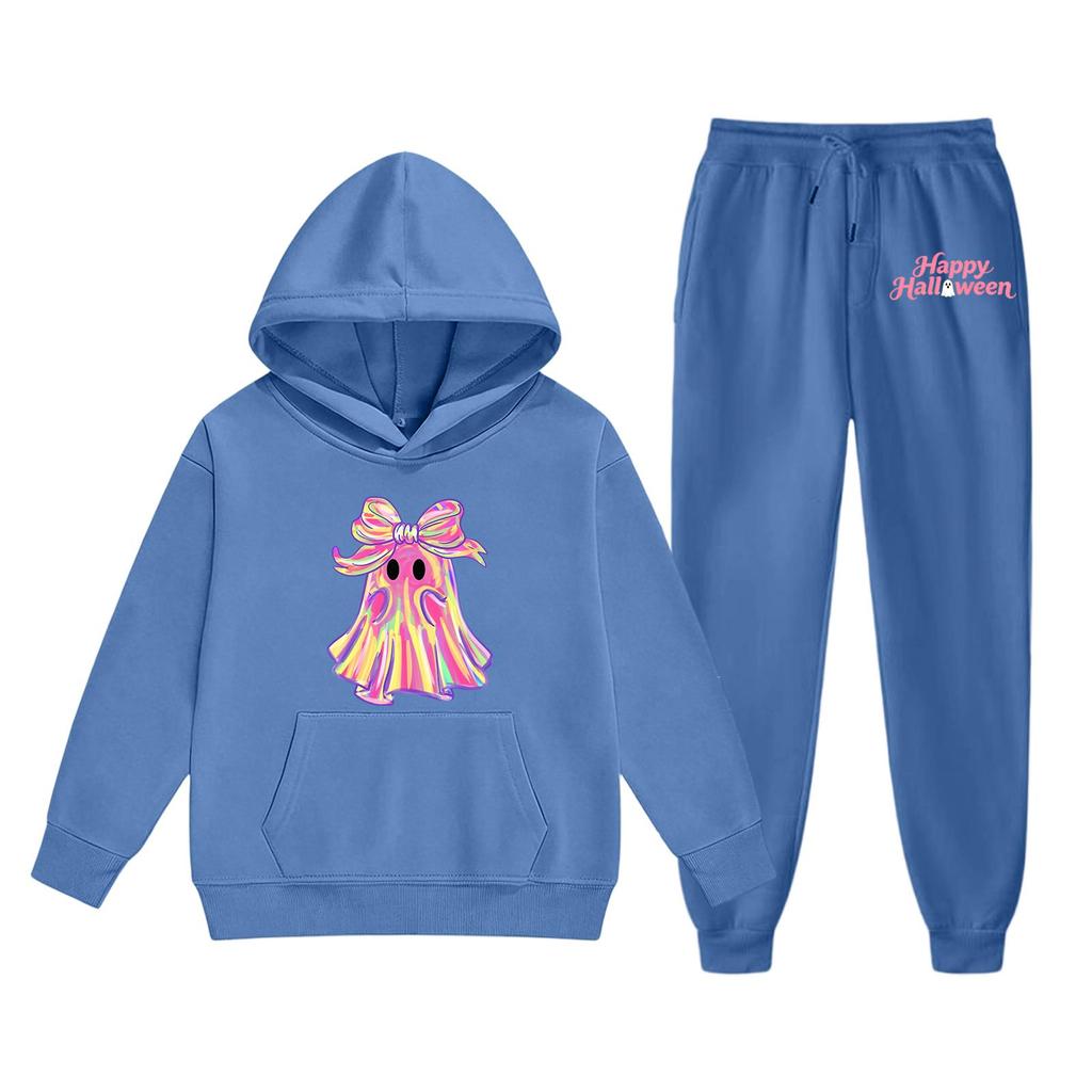 Kids Hooded Sweatshirt and Pants Set Halloween Ghost Print Pullover Long Sleeve Top and Bottom Outfit for Children Casual Wear