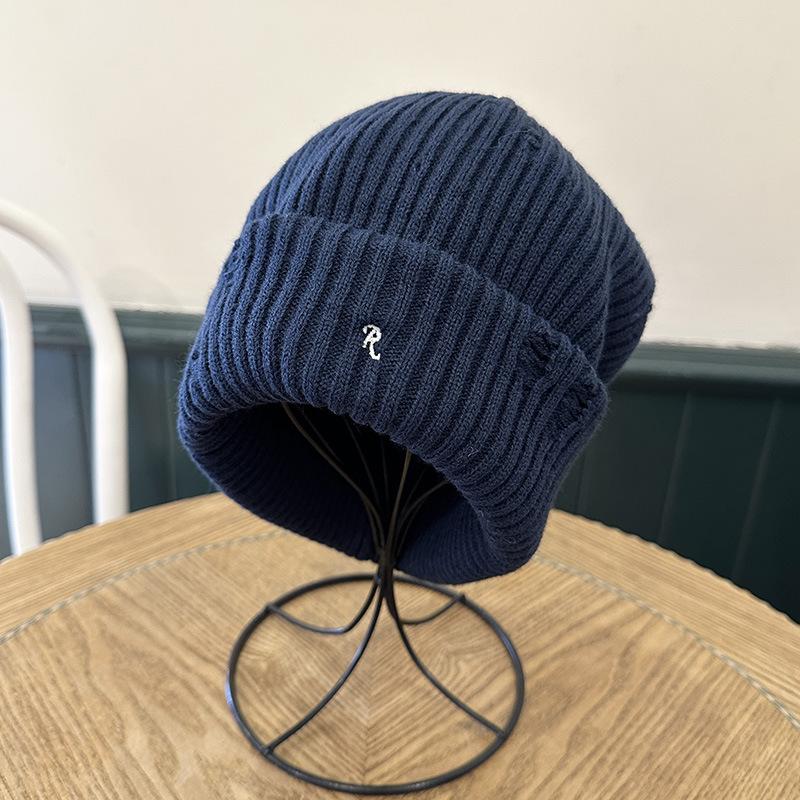 

Korean Style Casual Hole Embroidered R Knitted Hat for Women Autumn and Winter Street Double Layer Warm Ear Protection Woolen Hat Couple Cold Hat One Size