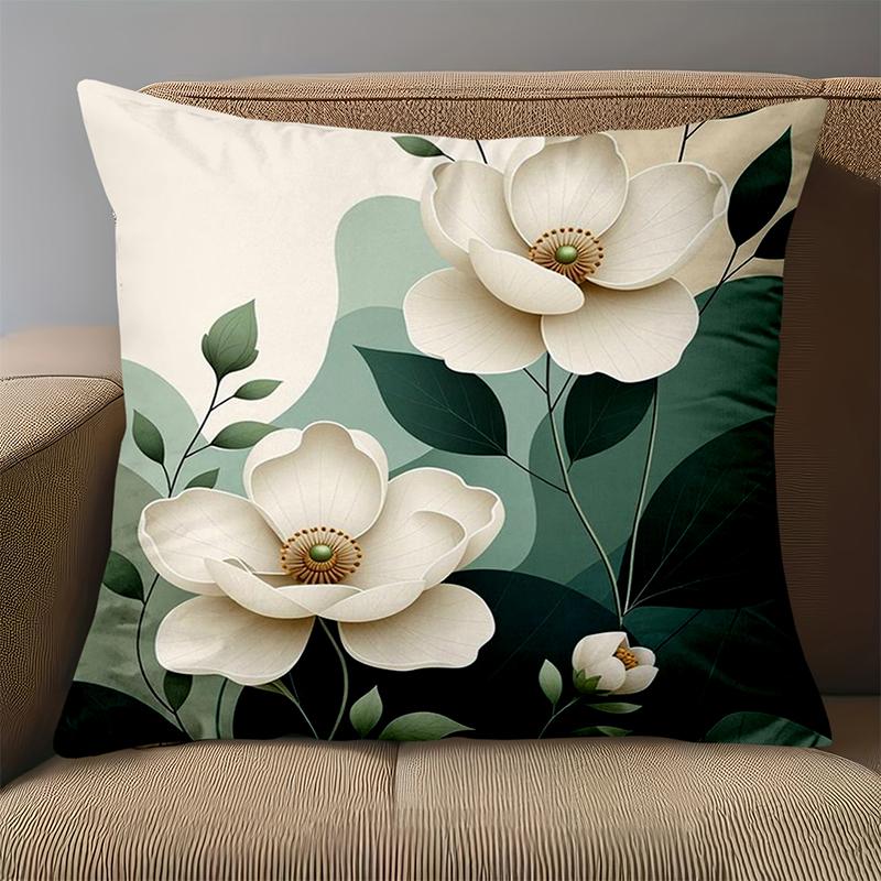 1 Pieces White Flowers On Green Leaves 2D Printed Pillow Polyester Pillowcase, Sofa Decorative Cushion Cov Headboard Pillow