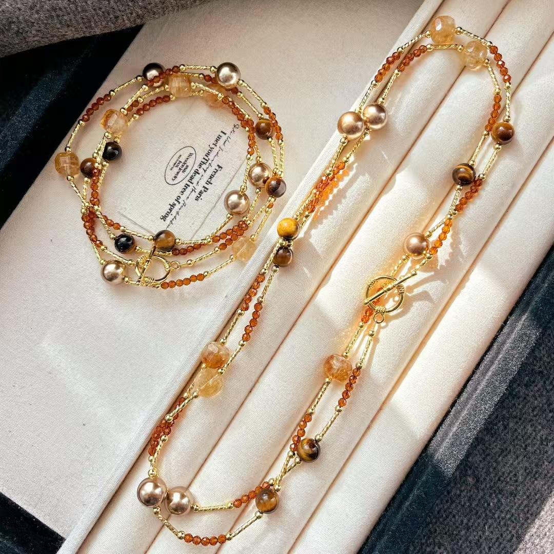 Vintage Natural Tiger S Eye Stone Citrine Cube Sugar Artificial Crystal Pearl Sweater Chain Necklace Clavicle Chain