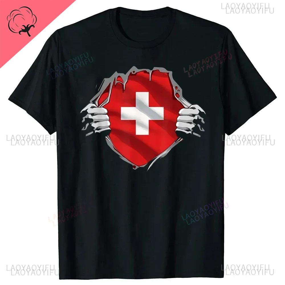 Super Swiss Proud Switzerland Flag T Shirts Man ShortSleeve Fashion Hipster T Shirt Clothing Casual Summer Basic Loose Tee