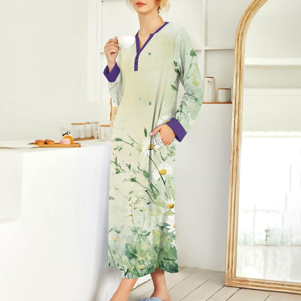 Damska koszula nocna, modna, drukowana, długa, szlafrokowa, piżama z dekoltem w serek i kieszeniami