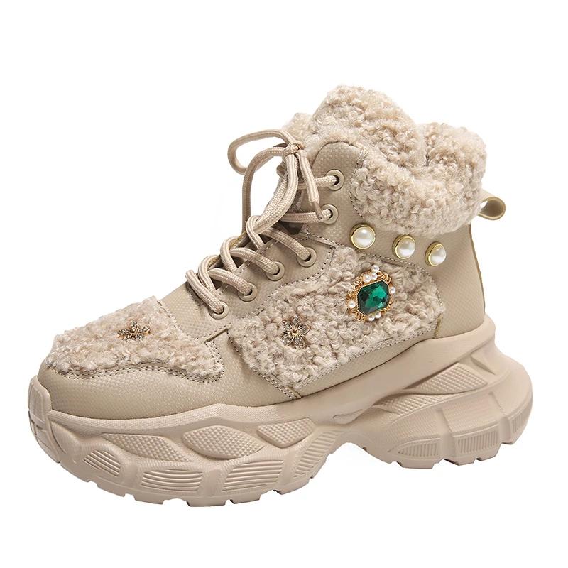 

Thickened Warm Booties Fashion Round Toe Lace-Up Velvet Platform Slip-Block Heel Cotton Shoes 35