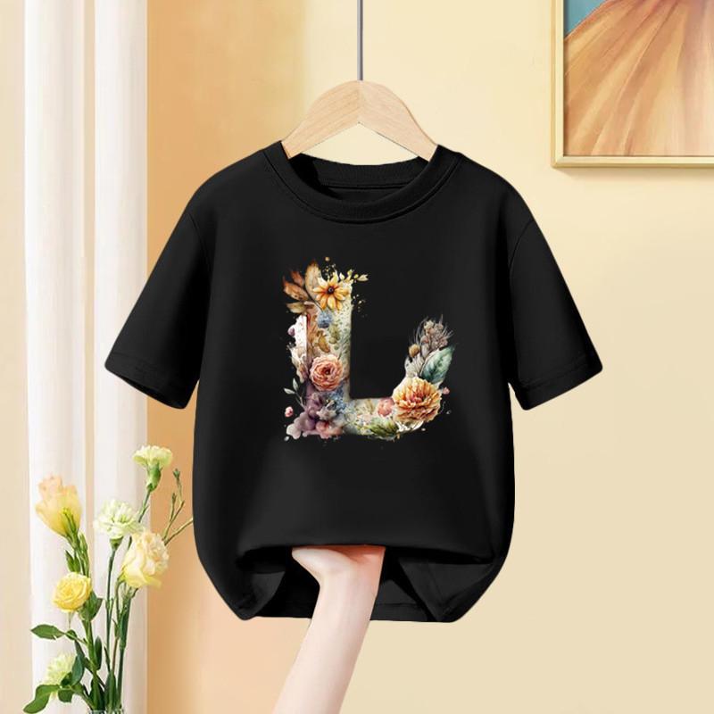 A B C D Kombinationsschrift Mädchen T-Shirt Blumendruck Lässige Oberteile Benutzerdefinierter Name Buchstabe Kinder Schwarzes T-Shirt