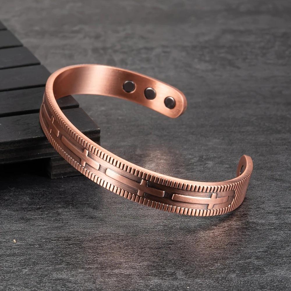 Temu Vintage Copper Magnetic Energy Bracelet - Cross & Stripe Open Bangle