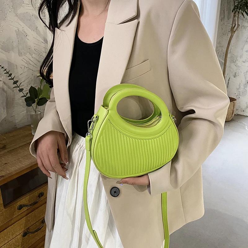 Half Moon Small Shoulder Bag For Women  Spring New Green Purple Handbags Pleated Design Pu Leather Crossbody Round Hand Bag