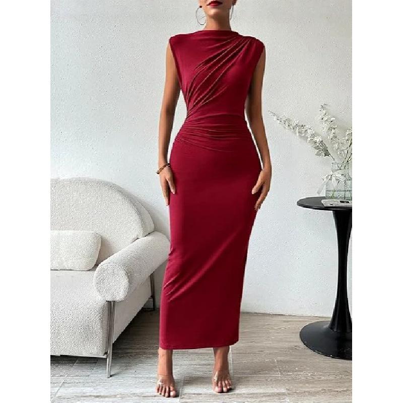 2026 Women's Spring/Summer Sleeveless Back-Slit Ruched Tight-Fitting Bodycon Dress
