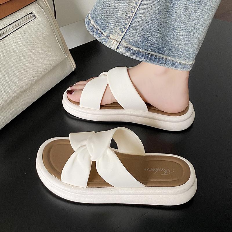 Women Spring Solid Color Cross Style Indoor Slippers Summer Casual Thick Flat Bottom Anti Slip Beach Sandals Shoes 36-41
