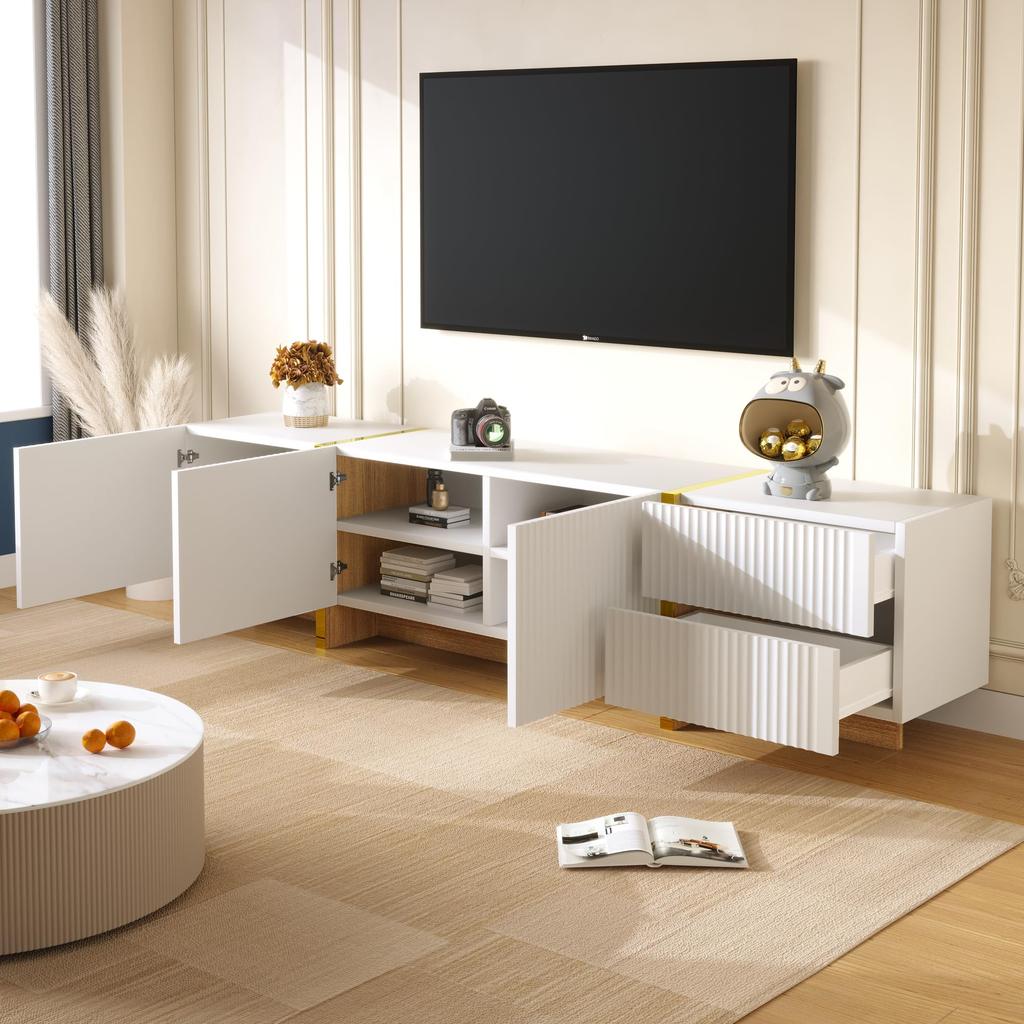 TV Schrank, Moderner TV Lowboard mit 3 Türen und 2 Schubladen, Fernsehtisch für Wohnzimmer und Esszimmer