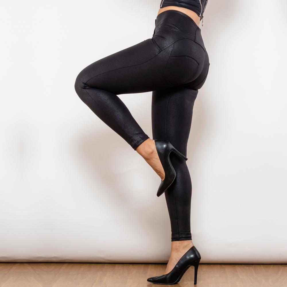 Shascullfites High Waist Crackle Black Coated Lifting Button Up Leggings Sexy Bum Lift Sculpture Pants for Women
