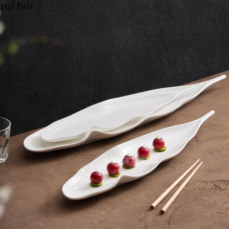 Leaf Shaped Ceramic Dining Plate White Long Fish Plates Sushi Plate Dim Sum Dish Fruit Plates Snack Bowl Sting Disc Cake Tray