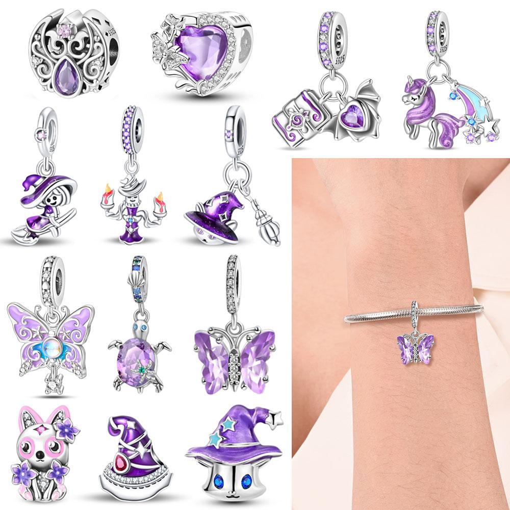 Copper Inlaid Heart-Shaped Beads & Butterfly Dangle Charm Fit Snake Bracelet Boutique Necklace Purple Pendant Gift