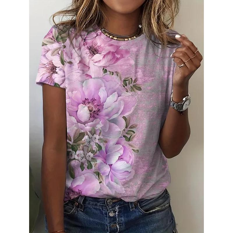 

Женская летняя футболка с круглым вырезом, элегантный темперамент, дышащая, с короткими рукавами, с цветочным узором, свободная, повседневная женская футболка 6XL