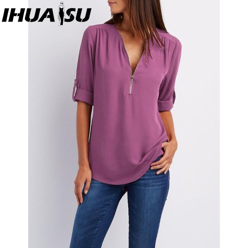 IHUASU Women's Fashion Casual Solid Color Print Short Sleeve POLO Neck Blouses & Shirts