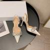 White High Heels Spring and Summer New Pointed Head Thin Heel Rhinestone Bow Bag Head Empty Sandals Women