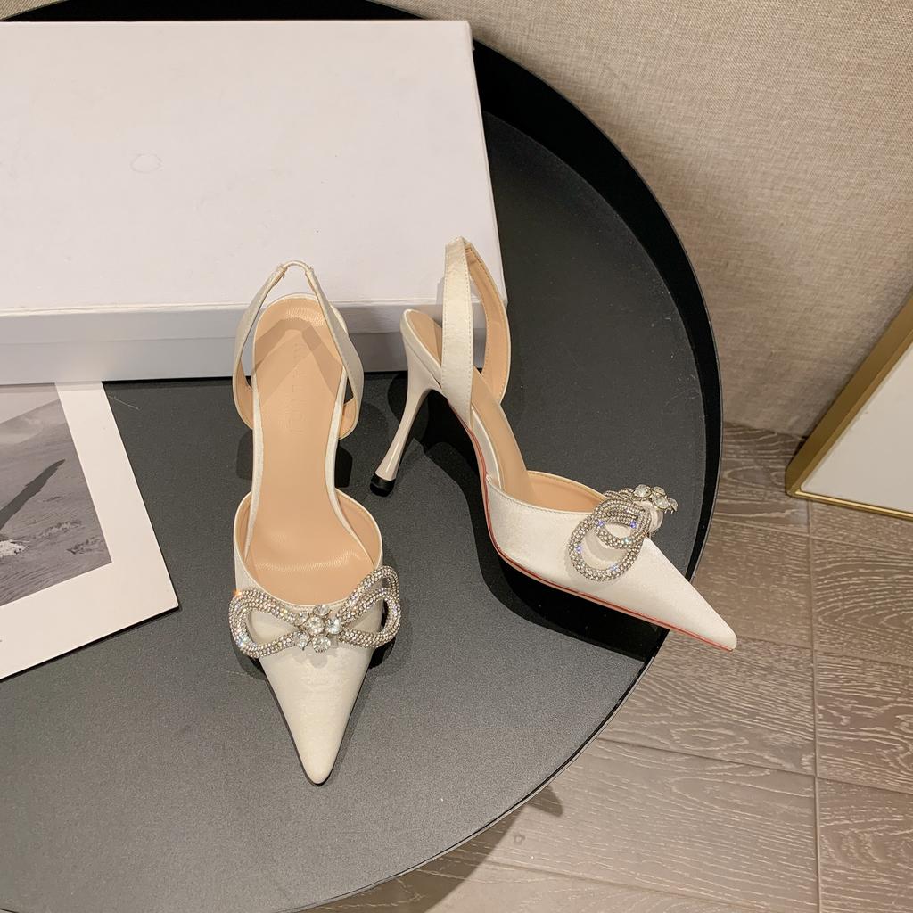 White High Heels Spring and Summer New Pointed Head Thin Heel Rhinestone Bow Bag Head Empty Sandals Women