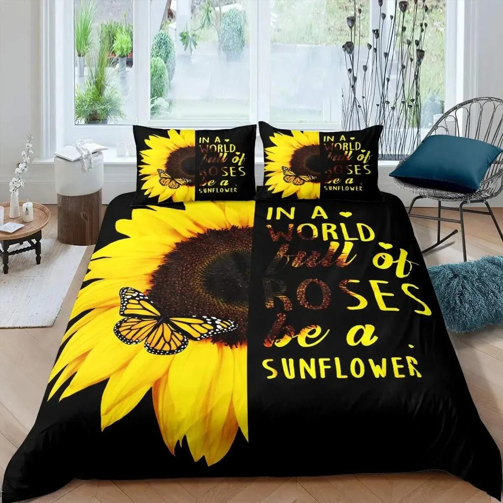 Sunflower Duvet Cover Set,Romantic Flowers On Old Fashioned Letters Postcards Newspapers,girls Sunflower Vintage Bedding Sets
