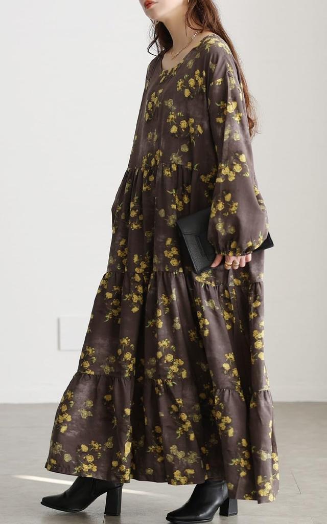 Gold Japan Plus Size Maxi Floral Round Sizes Women's Dress, Print, Tiered, Flared, Neck, Pockets, Fall/Winter/Spring, Maru-30208, Gray, 4L-5L