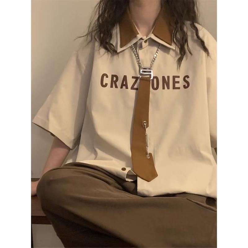 Color Blocked Lapel Tie Women's Short Sleeved Shirt American Vintage College Style Ladies Blouses Loose Casual Tops