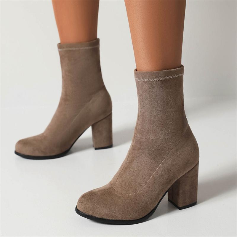 Winter Stretch Flock Ankle Boots Women High Block Heels Party Dress Office Lady Round Toe Slip-on Warm Plush Elastic Sock Boots