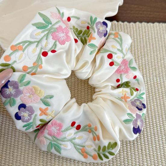 Floral Scrunchies Satin Scrunchies Embroidery Flower Scrunchies Aesthetic Elastic Hair Band No Damage Hair Ties Blossom Ponytail Holders for Women
