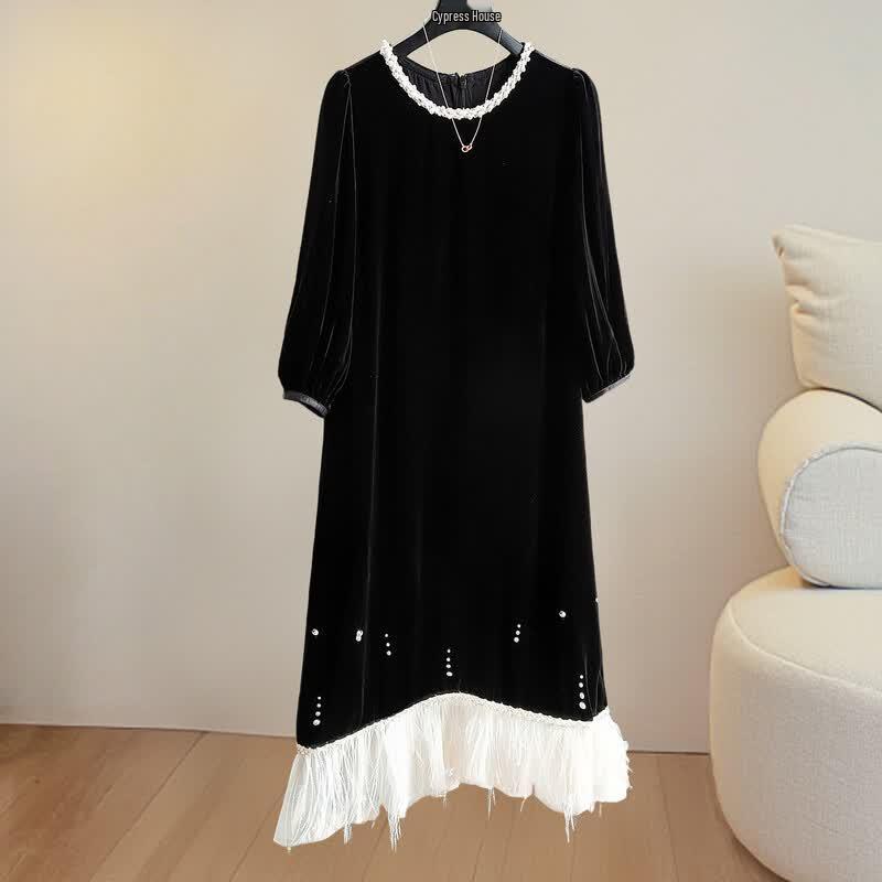 Women s Elegant Beaded Color Block Mid-Length Dress XL