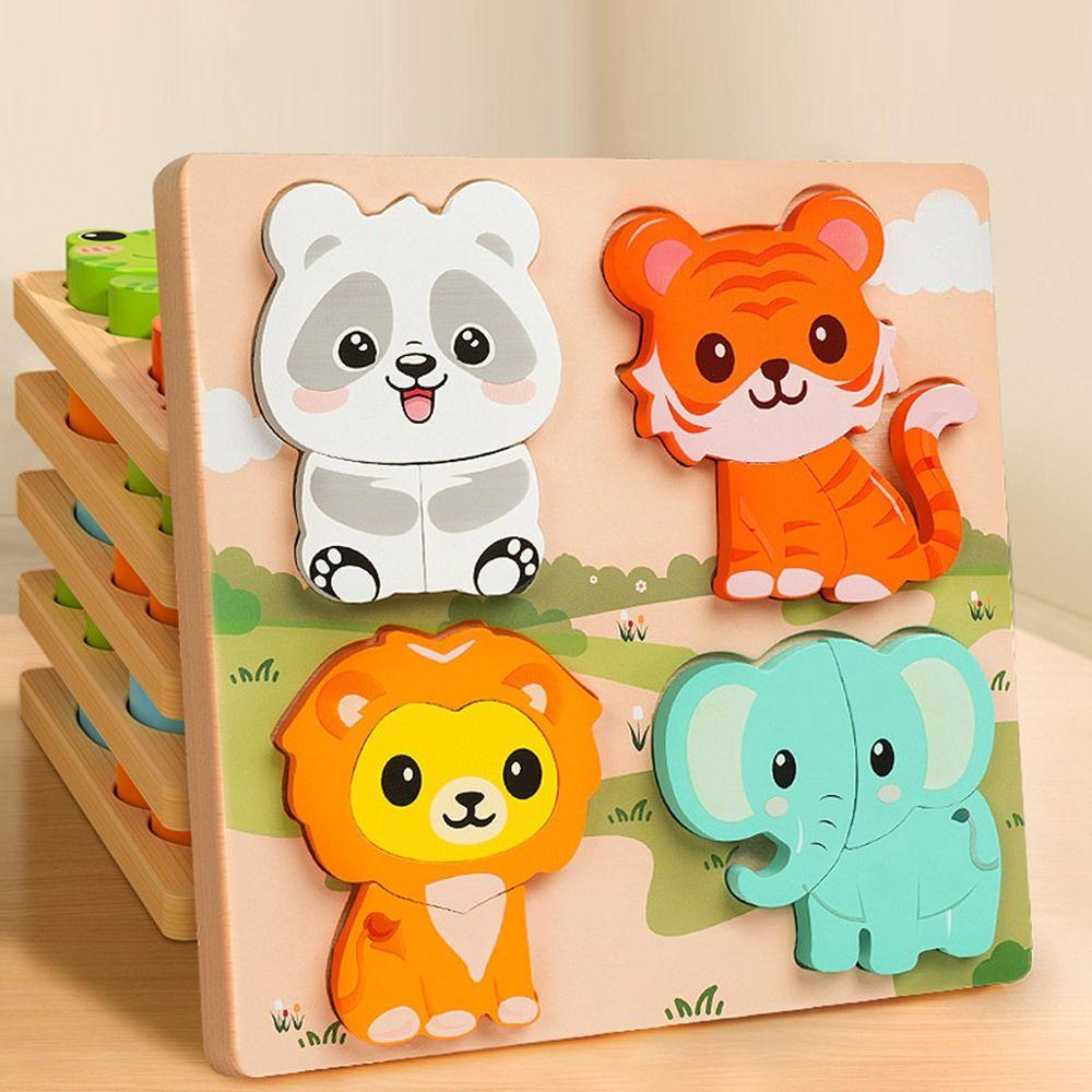 New Multicolor Wooden 3D Puzzle Fruits Dinosaur Hand-eye Coordination Early Education Puzzle Cartoon Animal Animals Jigsaw