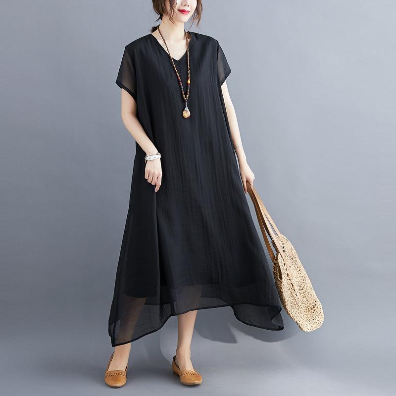 A Woman In A Solid V-neck Dress for Summer