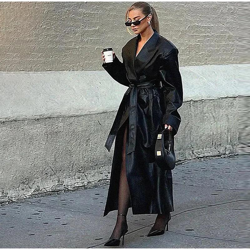 Europeisk og amerikansk dametrenchcoat i kunstskinn med belte og krage, høst-/vinterkolleksjon