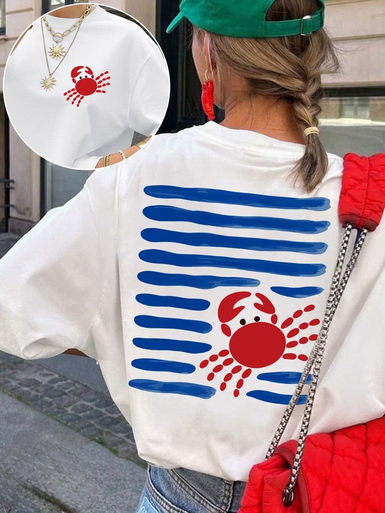 Spring Summer Women'S Top Easy Painting Style Crab Print Short Sleeve Round Neck T-Shirt with Slight Aesthetic Clothes