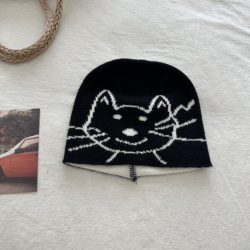 Korean ins blogger cute kitten jacquard knitted hat women's autumn and winter ear protection warm wool hat cold hat