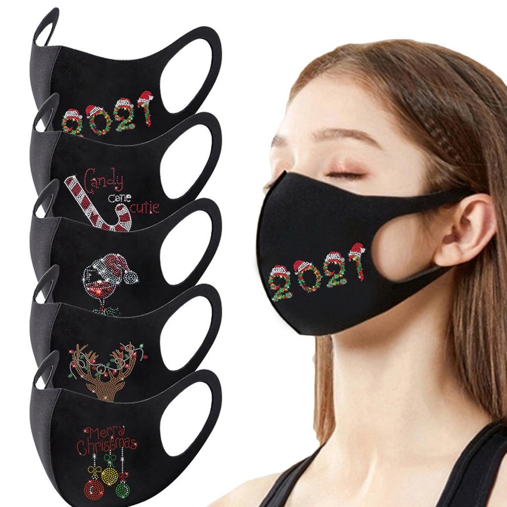 Women Christmas Ice Silk Hot Drilling Rhinestone Face Fashionable Washable Mask