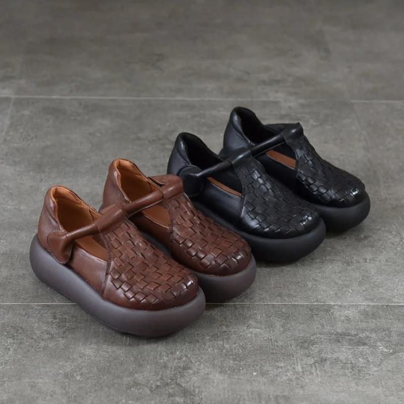 Johnature Hand Woven Genuine Leather Women's Shoes Comfortable Versatile Thick Soled Sandals